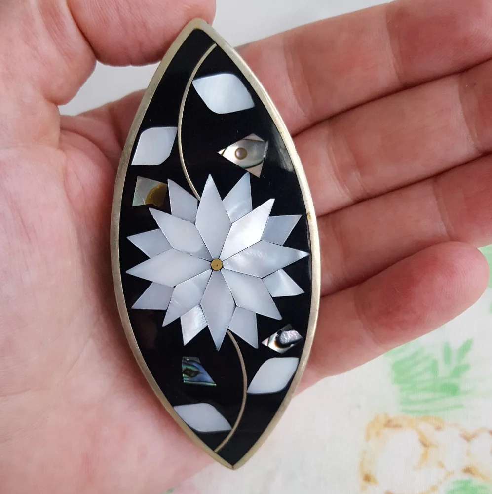 🌙Vintage Alpaca Mexico Silver Abalone MOP Hair Clasp